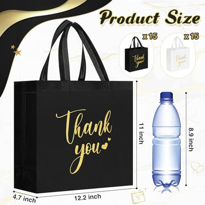 Sweetude 30 Thank You Non Woven Gift Bag, 11 x 12 x 5 Inch, Black, White - color: Black, White, size: 11 X 12 X 5 Inch