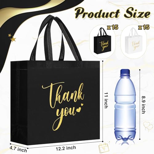 Sweetude 30 Thank You Non Woven Gift Bag, 11 x 12 x 5 Inch, Black, White - color: Black, White, size: 11 X 12 X 5 Inch