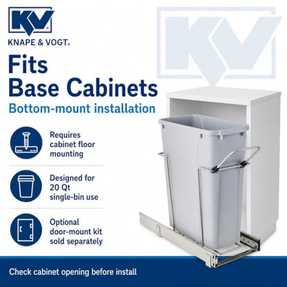 Knape & Vogt in-Cabinet Pull Out Trash Can, 20-Qt., Bottom-Mount Cabinet Installation, Requires Min 8-in Opening, 20.5 in x 8.5 in x 17.5 in, RS-PSW9-1-20-P, Platinum - color: Platinum
