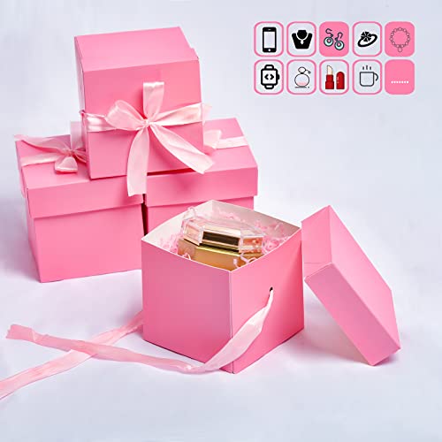Gift Box with Lid & Ribbon for present, 12pcs, Pink, 4"×4"×4" - color: Pink, size: 4 x 4 x 4 Inch