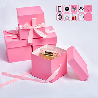 Gift Box with Lid & Ribbon for present, 12pcs, Pink, 4"×4"×4" - color: Pink, size: 4 x 4 x 4 Inch
