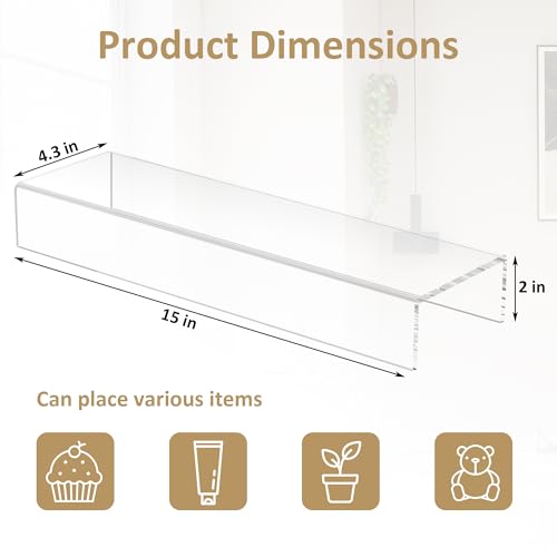 Acrylic Shelf Riser 15x4.3x2 pack of 2, Clear Display Shelf 10” for Figure, Cosmetics, Bags, Shoes, Toys, Collectibles, 15x4.3x2 Inch - size: 15x4.3x2 Inch