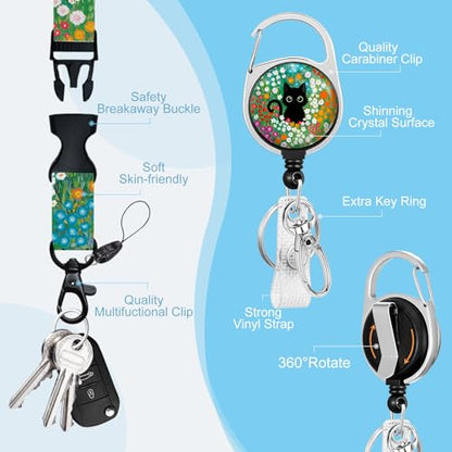 Gctriki Lanyards for Id Badges, Black Cat Id Badge Holder Retractable - color: Black Flower Cat