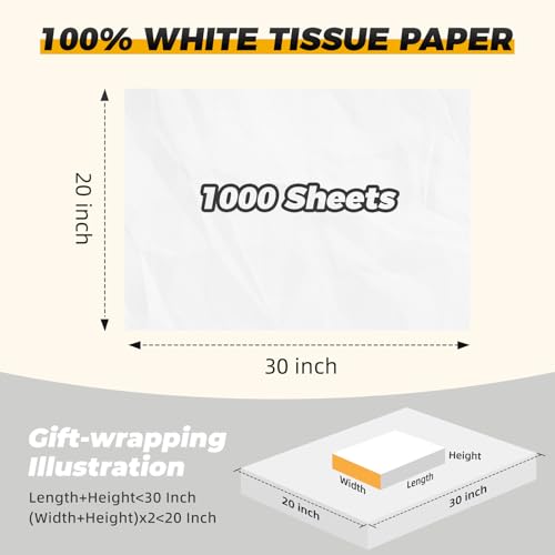 1000 Sheets White Tissue Paper for Gift Bags, 20"x 30" Tissue Paper Bulk - color: white, size: 1000 sheets