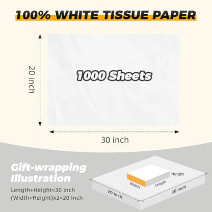 1000 Sheets White Tissue Paper for Gift Bags, 20"x 30" Tissue Paper Bulk - color: white, size: 1000 sheets