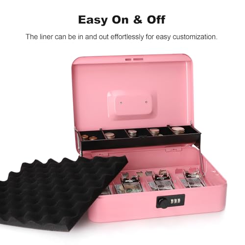 Cash Box with Combination Lock & Foam Auto-Pop Coin Tray – Secure Steel Money Box with 4 Upgraded Finger-Safe Bill Clips, Premium Smooth Scratch-Resistant Coating, 11.8", Combo Pink - color: Combo Pink