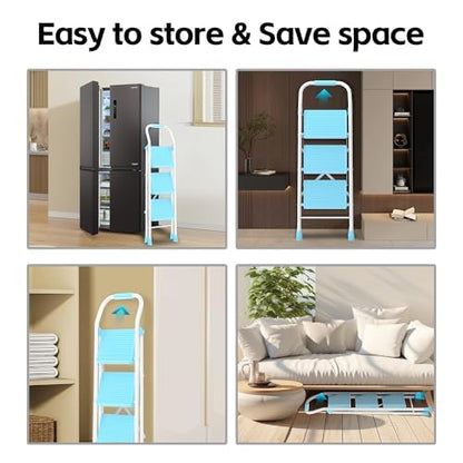 Step Ladder Foldable Folding Stool - for Home Adults Kitchen 3 Stepping Extension Tall Heavy Duty with Handrails - Closet Stepstool Stair Ladders Extendable Stepladder for Indoor House 600Lbs