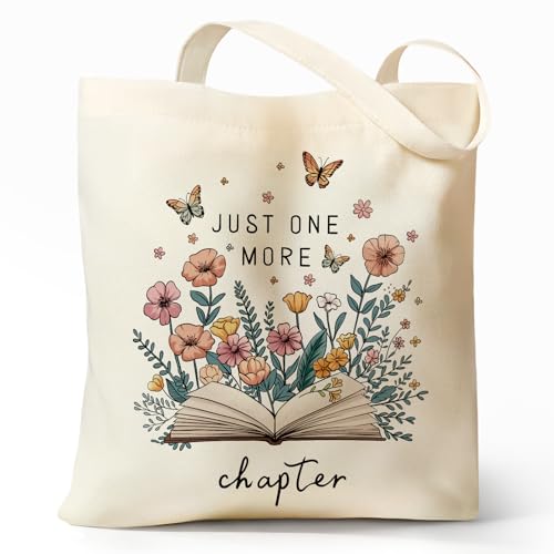 Cute Canvas Tote Bag for Women, Book Totebag with Zipper Pocket - color: Just One More Chapter