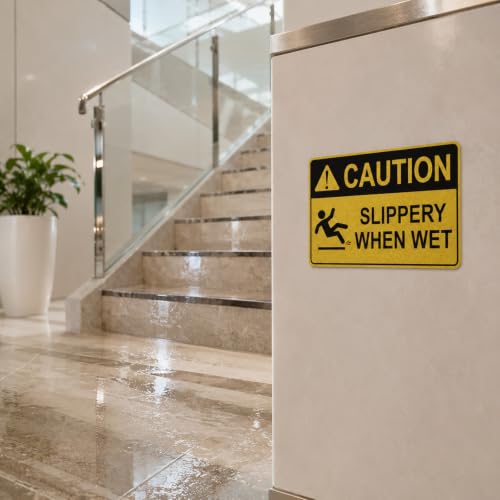 Slippery When Wet Sign, 10 x 7 Inch 2 Pack Caution Wet Floor Vinyl Sticker | Reflective Waterproof Warning Sign Decal, Fade Resistant Safety Sign for Commercial, Office, Warehouse, Restaurant