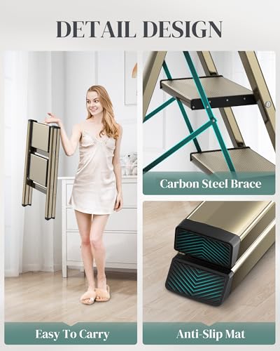 2 Step Ladder, Foldable Aluminum Step Stool with Anti-Slip Pedal - color: Champagne Gold, size: 2 Step