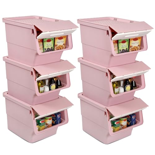 GIANTEX 6 Pack Plastic Stackable Storage Bins with Lids & Wheels, 35 QT - color: White + Pink, size: 6 Pack, 35 QT