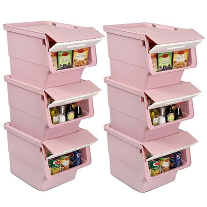 GIANTEX 6 Pack Plastic Stackable Storage Bins with Lids & Wheels, 35 QT - color: White + Pink, size: 6 Pack, 35 QT