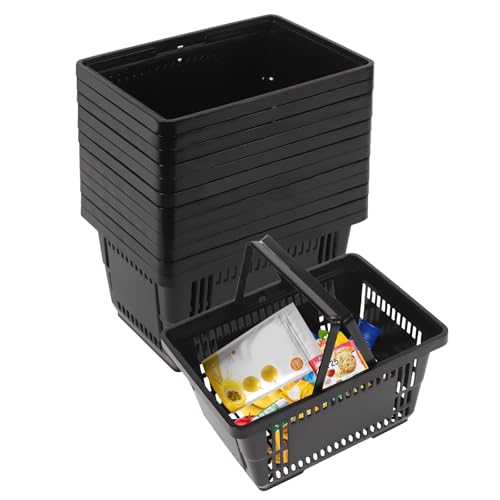 12PCS Shopping Baskets with Handles, Black Plastic Shopping Basket Set, 21L Portable Grocery Shopping Basket Set for Stores, Supermarket, Retail,Shopping Carrying - color: Black#1