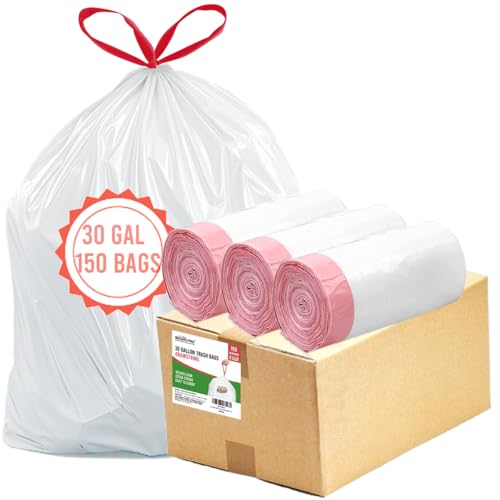 BEIDOU-PAC 30 Gallon Trash Bags Drawstring, 150 Count, White | Unscented | Heavy Duty Multi-purpose Garbage Bags Can Liners for Business Home Kitchen Commercial and Industrial - style: 30 Gallon |150 Count