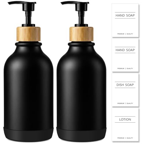 KASUNTING Hand Soap Dispenser Bathroom with Anti-Slip Silicone Boot, Black Dish Soap Dispenser for Kitchen, 2 Pack 17 Fl Oz Plastic Hand and Dish Soap Dispensers Set with Bamboo Pump - color: Black, size: 2 Bottles with Silicone Boots