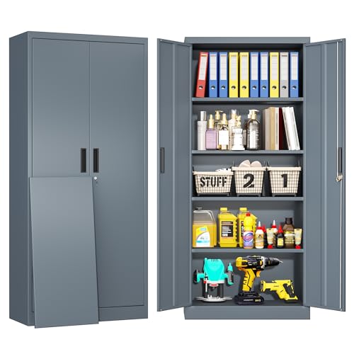 BESFUR Metal Storage Cabinet, 71" H Steel Locking Storage Cabinet with 2 Doors and 4 Shelves for Garage, Office, Classroom - color: Grey, size: 71"H x 32"W x 16"D