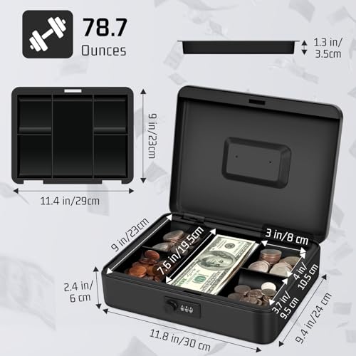 Flexzion Metal Cash Box with Combination Lock, Money Tray, 11.8 in, Black - color: Black