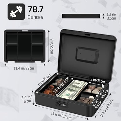 Flexzion Metal Cash Box with Combination Lock, Money Tray, 11.8 in, Black - color: Black