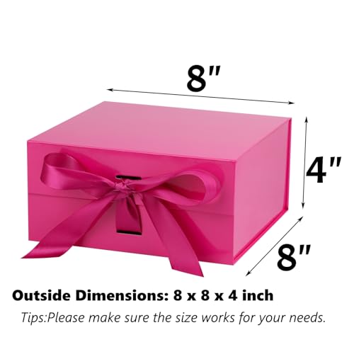 OEMVALATY Bright Pink Gift Box,8x8x4 Inches Gift Boxes with Lids for Presents with Magnetic Closure and Ribbon for Wedding,Storage,Birthday - color: 08x8x4 Inch-Bright Pink-Pack of 1