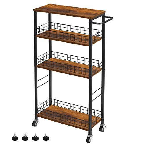 YBING Slim Storage Cart 4 Tier Narrow Kitchen Rolling Cart - color: Browm