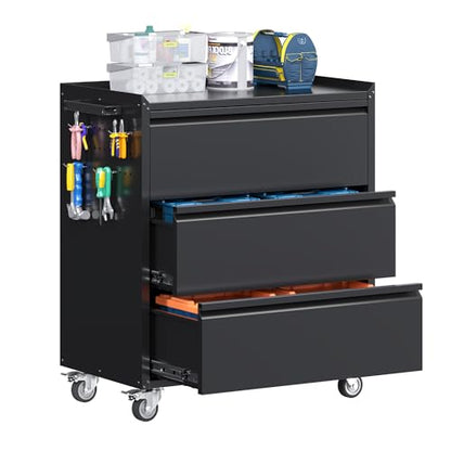 35.5" Rolling Tool Cabinet with 3 Drawers and Side Pegboards - color: Black, size: 18.1"D x 30.3"W x 35.5"H