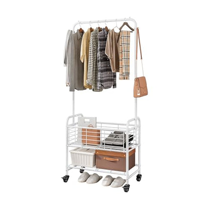 SUOERNUO Laundry Cart with Basket Hanging Rack Sorter with Wheels Shelf - color: White