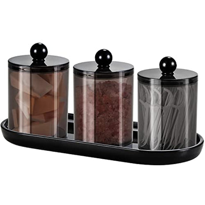 SheeChung 3 PCS Qtip Holder Bathroom Set with Tray, Acrylic Apothecary Jars - color: Black