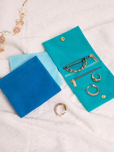 3Pcs Small Jewelry Bags Velvet Zipper Jewelry Organizer Jewelry Rolls Small Bags for Jewelry Gift Bags Jewelry Pouch with Snap Button for Bracelet Rings Necklace Earring for Travel,4"x4",Blue
