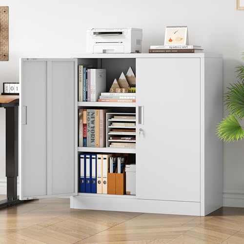 Metal Storage Cabinet,36" Locking Cabinet with 2 Adjustable Shelves - color: White, size: 36"H×32"W×16"D