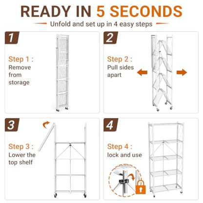 black leopard 5-Tier Foldable Metal Storage Shelf with Wheels, White - color: White, size: 5-Tier