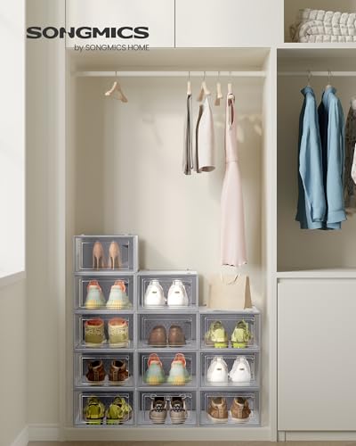 SONGMICS Shoe Boxes, Clear Plastic Sneaker Box, Pack of 12 - color: Transparent + Gray, size: L-12pcs