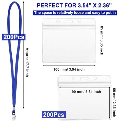 Marspark 200 Sets 4"x3" Name Badge Holder with Lanyard Bulk, Blue - color: Blue
