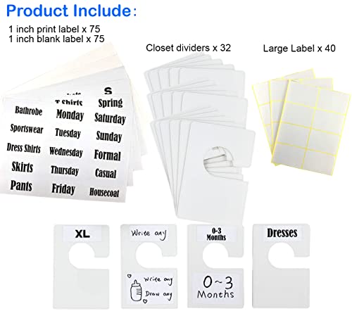 16 Pack White Clothing Rack Size Dividers Plus 60 Labels (1 Inch) and 16 Large Blank Labels, Large Rectangular Clothing Closet Dividers (Pearl White)