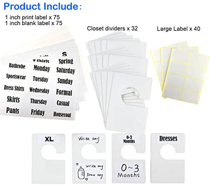 16 Pack White Clothing Rack Size Dividers Plus 60 Labels (1 Inch) and 16 Large Blank Labels, Large Rectangular Clothing Closet Dividers (Pearl White)