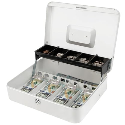 Jssmst Metal Cash Box with Money Tray and Lock, Portable Cash Drawer, 11.8" - color: White Key