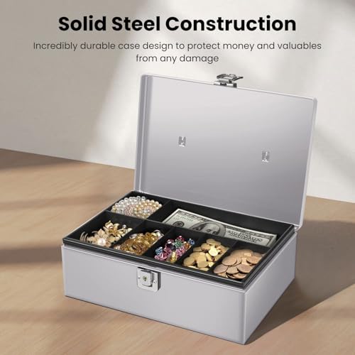 Flexzion Cash Box with Money Tray, Latch Lock, 11 x 7.7 x 3.5 Inch, Silver - color: Silver