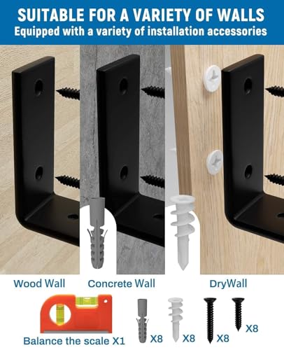 LEOPO 10 inch Shelf Brackets 4-Pack, 1/5" Thick Floating Shelf Bracket - color: black-4 pack, size: 9.25"
