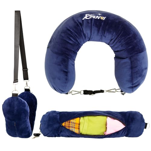 Travel Neck Pillow Stuffable with Clothes, Stuffable Travel Pillow - color: Navy Blue