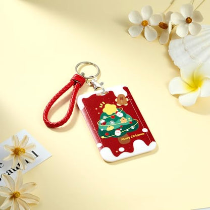 ID Card Badge Holder Key Chain with Metal Keyring, Plastic Slide Open with ID Window for Women Men Girls Students,Christmas Tree - color: Christmas Tree