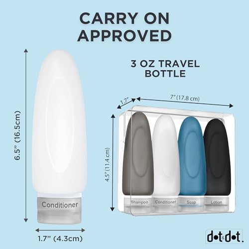 Dot&Dot Leak Proof Travel Bottles - Tubes for Liquid TSA Approved 3oz Silicone Toiletries Travel Shampoo & Conditioner Containers with Labels - color: 4pc 3 oz - Gray/White/Blue/Black