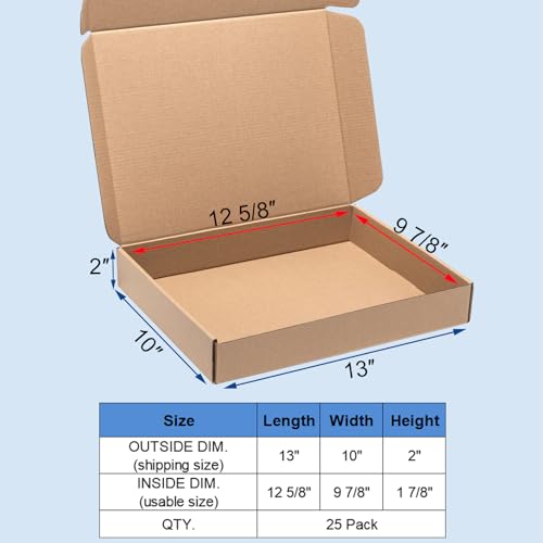 Wowxyz Brown Shipping Boxes 13x10x2" 25 Pack - Corrugated Cardboard Box Mailers for Small Business, Kraft Medium Literature Mailer Packaging Supplies Brown - size: 13x10x2"