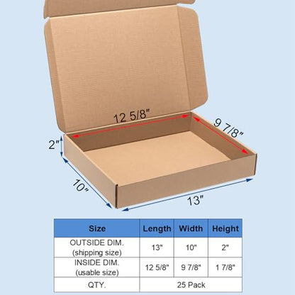 Wowxyz Brown Shipping Boxes 13x10x2" 25 Pack - Corrugated Cardboard Box Mailers for Small Business, Kraft Medium Literature Mailer Packaging Supplies Brown - size: 13x10x2"
