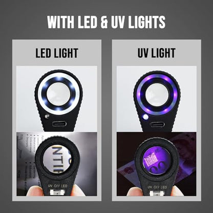 10X Jewelers Loupe Magnifier with UV & LED Lights, 22mm Triplet Lens, Rechargeable Foldable Jewelry Magnifier for Gems, Coins, Diamonds Inspection, Portable Loupe Tool