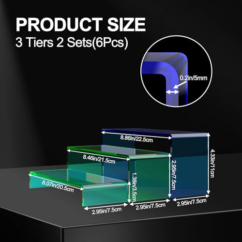 6 PCs Mixed Color Acrylic Display Risers, 5mm Thick, 3 Tier Stand - color: Mix Colors 6 PCs