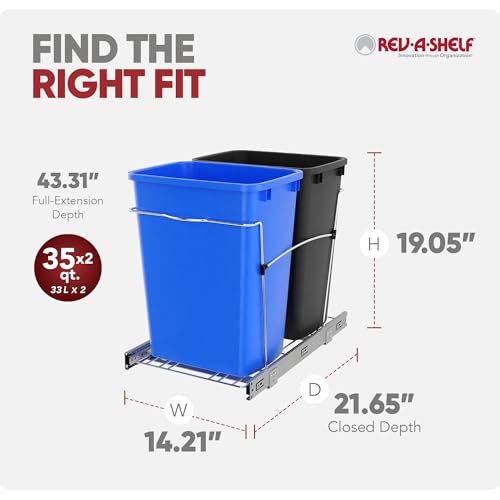 Rev-A-Shelf Double Pullout Garbage Trash Cans for Kitchen Cabinets, 35 Qt - color: Blue & Black