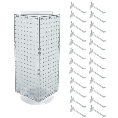 Azar Displays 703385-CLR-4C24, Four-Sided Revolving 8"W x 20"H Pegboard Counter Display w/ 24 Hooks- 4” Length, Clear - color: Clear, style: Pegboard + Hooks