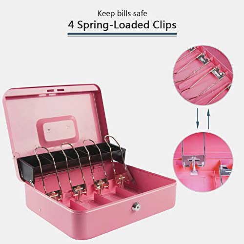 KYODOLED Large Cash Box with Combination Lock,Money Box with Cash Tray, Lock Safe Box with Key,Money Saving Organizer,11.81Lx 9.45Wx 3.54H Inches,Pink XL Large