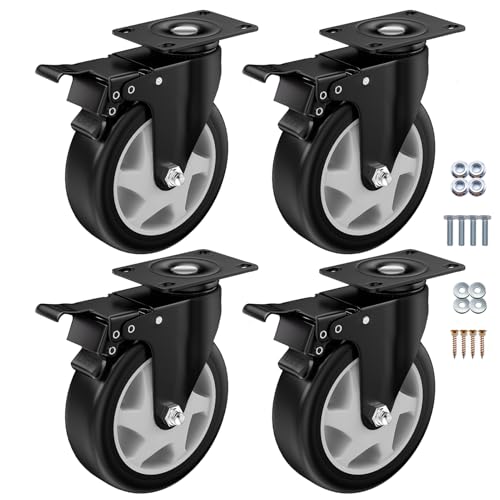 5" Heavy Duty Plate Casters, 1400 Lbs Dual Brake - Set of 4 - color: Black, size: 5 Inch AB-Brake