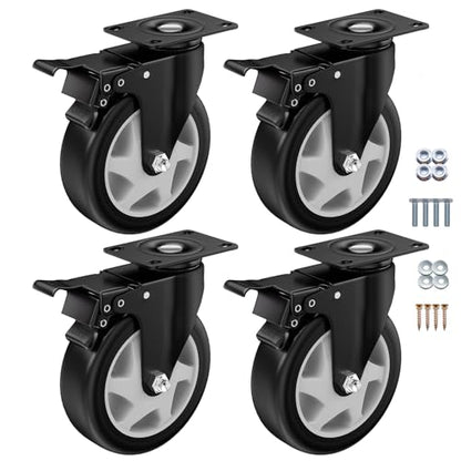 5" Heavy Duty Plate Casters, 1400 Lbs Dual Brake - Set of 4 - color: Black, size: 5 Inch AB-Brake