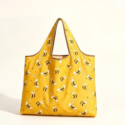 Large Capacity Unisex Tote Bag,Foldable Tote Nylon Reusable Grocery Bags,with Camouflage Pattern for Shopping,Travel,Camping - color: Yellow Bee